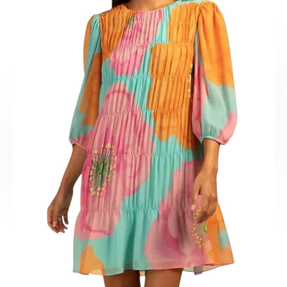 TRINA TURK shirred, tiered, georgette silvery dress.